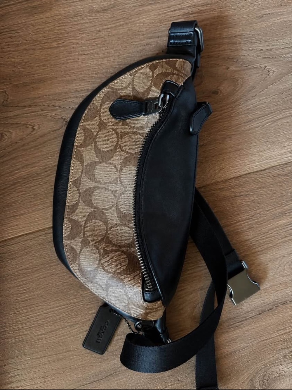 Coach UNISEX Brown Signature Canvas and Black Leather Belt Bag
